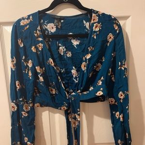 Blue Flower Long Sleeve Open Front Tie Top